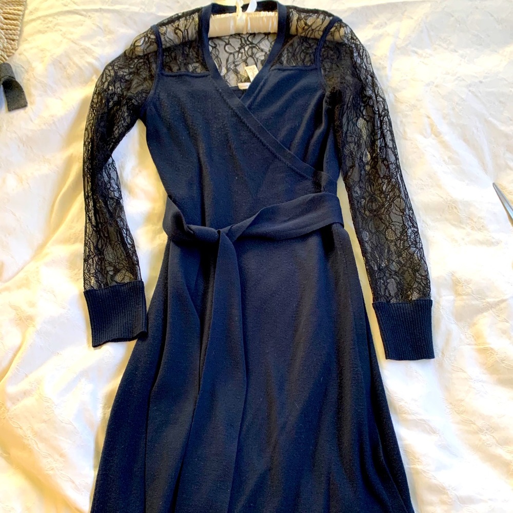 DVF navy and black lace wrap sweater dress